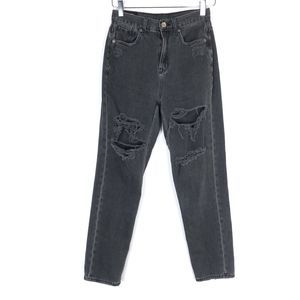 American Eagle Distressed Mom Jeans High Waist Straight Leg Washed Black 2